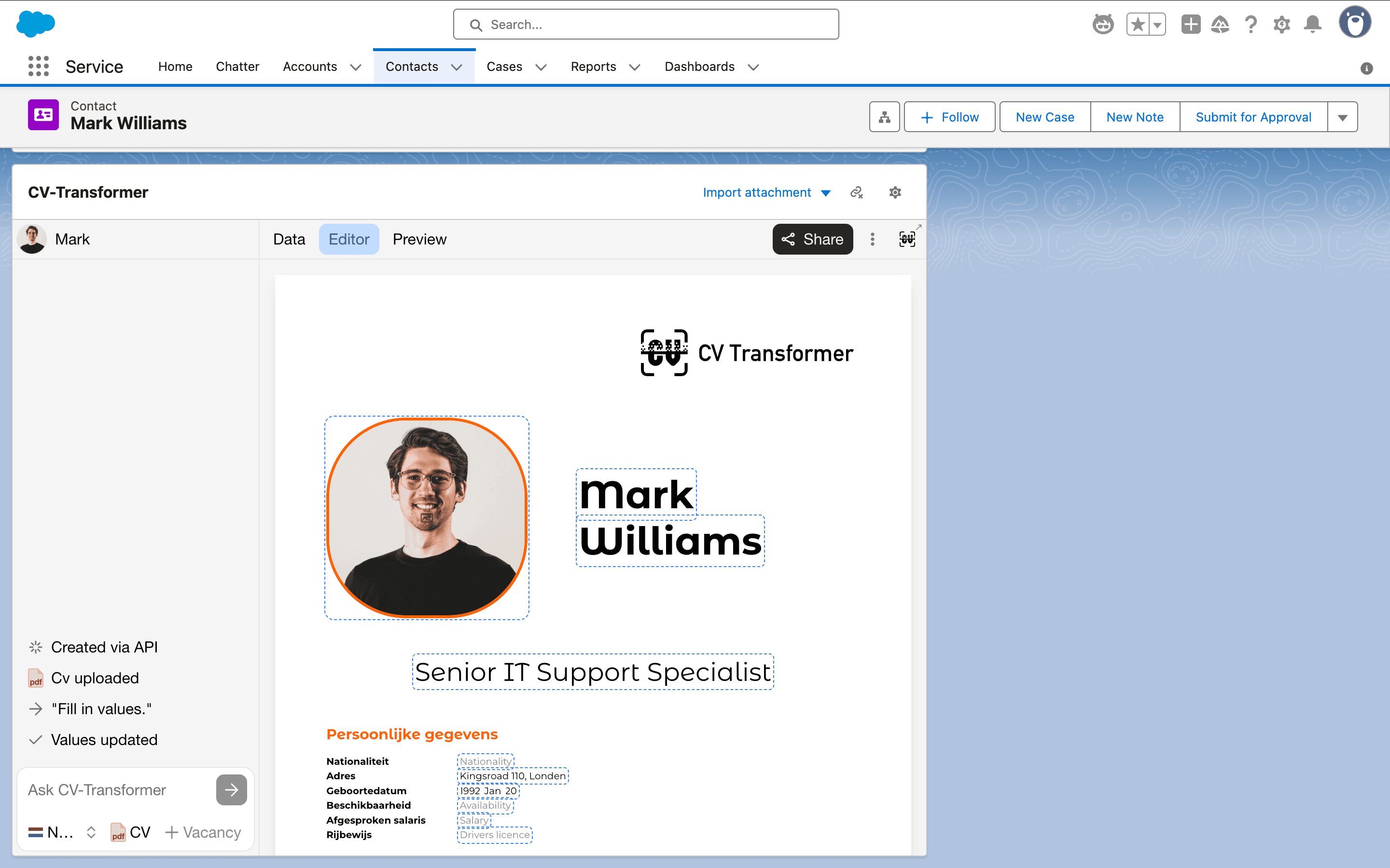 CV-Transformer embedded in Salesforce